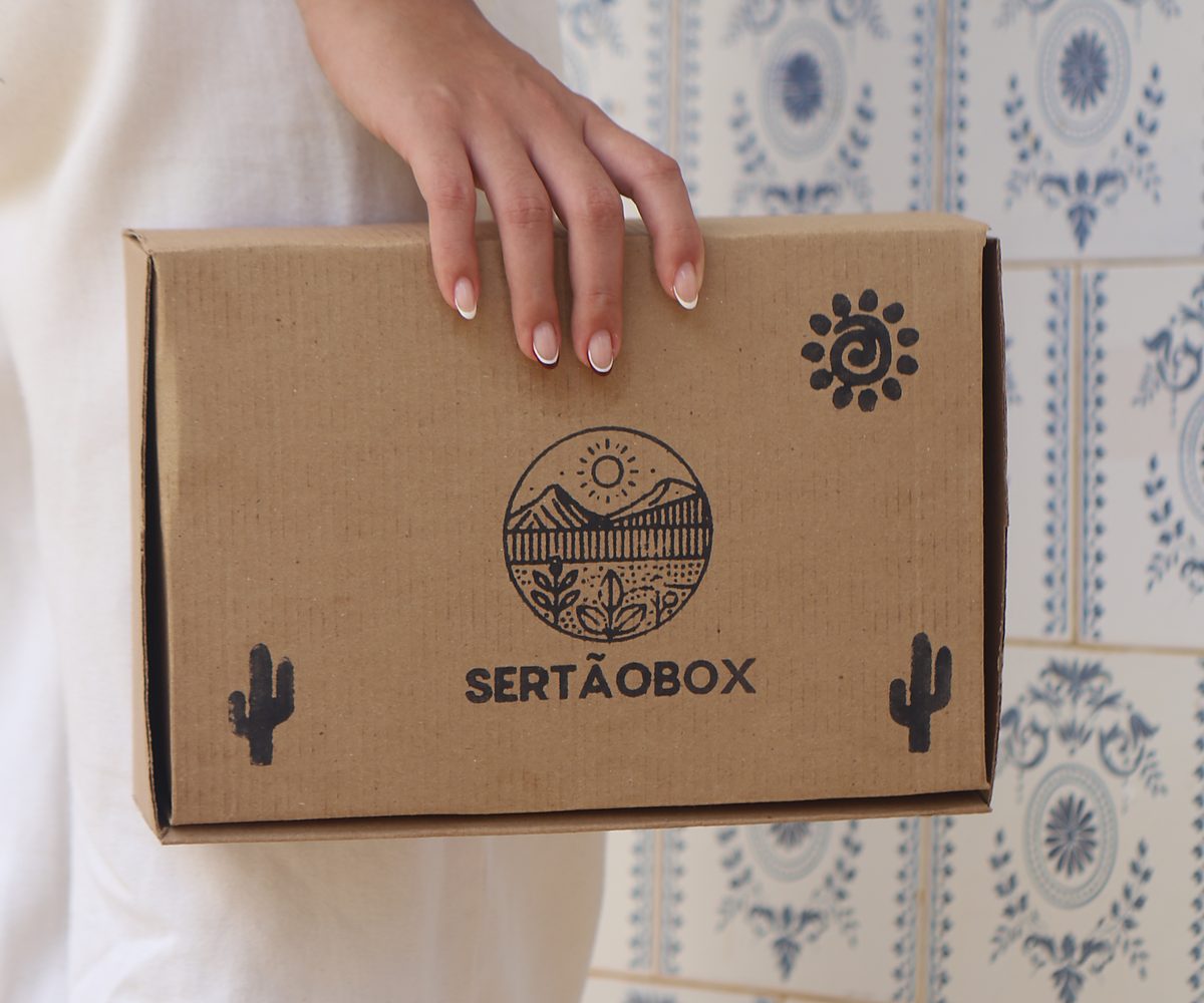 Caixa SertãoBox fechada, com a marca estampada no papelão