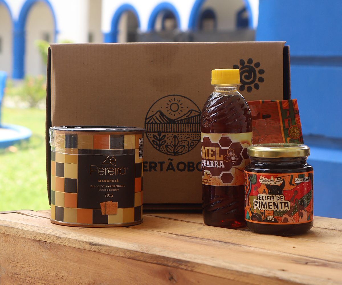 Biscoito Zé Pereira, Mel da Barra, Geleia de Pimenta e Temperos do Sertão em frente à caixa SertãoBox